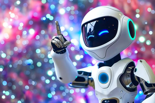 A robot holding a cell phone in its hand is pointing at something.