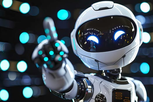 A cute robot is pointing at something., showcasing technology and artificial intelligence