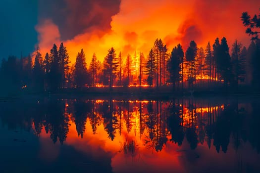 A forest fire rages beside a lake, smoke filling the sky above as flames consume the trees.