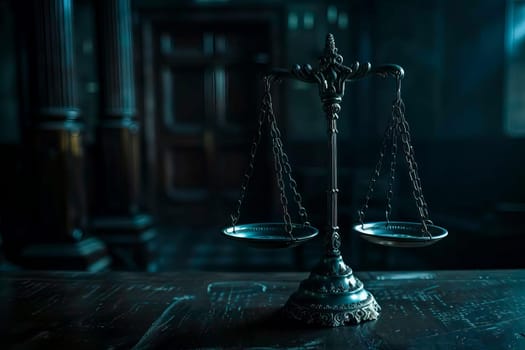 A scale of justice resting on a wooden table in a dimly lit court hall.