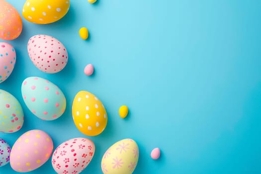 Vibrant Easter eggs in various colors displayed on a bright blue background.