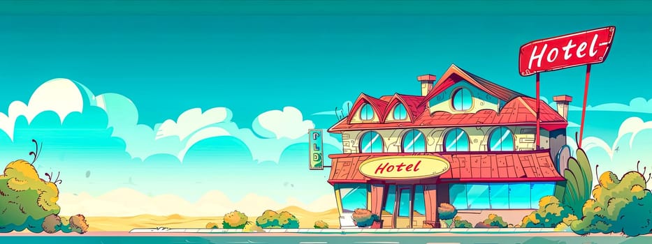 Whimsical and vibrant cartoon hotel illustration with colorful and stylized landscape background, perfect for travel, accommodation, tourism, and hospitality industry