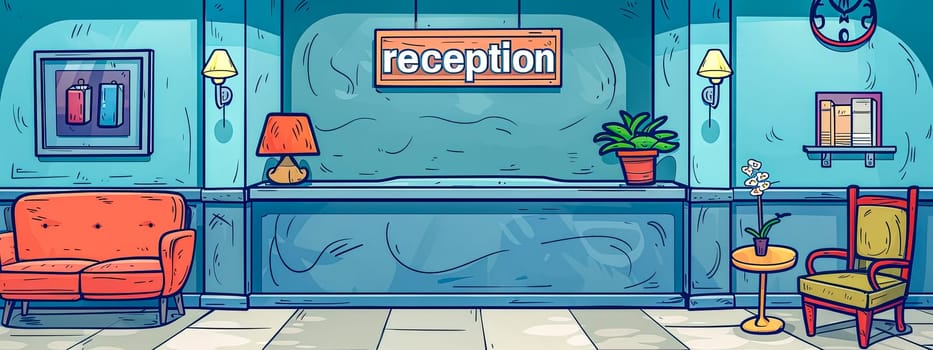 Vibrant animation-style drawing of a welcoming hotel lobby with reception desk