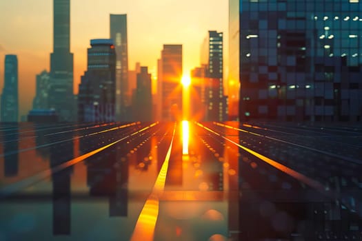 The sun is setting over a cityscape filled with tall buildings and skyscrapers.