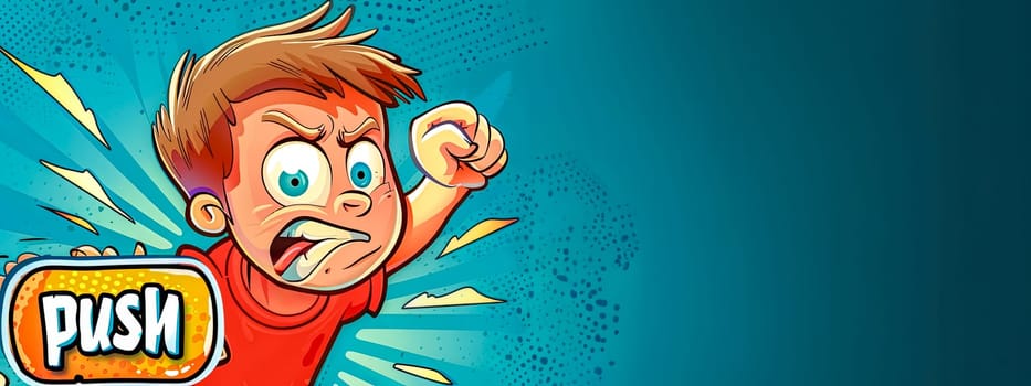 Colorful illustration of a cartoon boy in motion, determined to push a button with a comic burst background