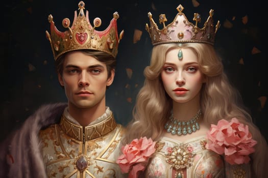 Prosperous Princess with crown with her prince. Royal fairytale couple. Generate ai