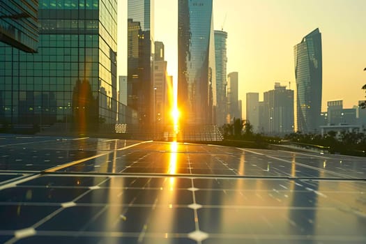 A solar panel captures sunlight as the sun sets in the background near a modern city.