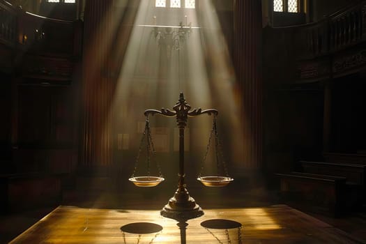 A wooden table is topped with a scale of justice in a dark court hall.