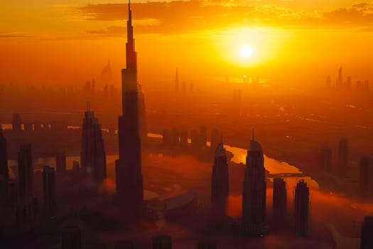 The sun sets over a cityscape of tall buildings, casting a warm glow on the urban landscape.