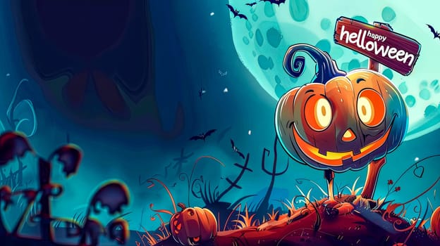 Vibrant illustration of a smiling jack-o'-lantern in a spooky fantasy setting for halloween