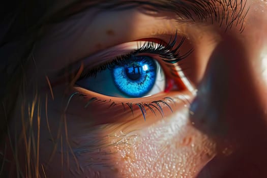 A detailed view of a humans striking blue eye.