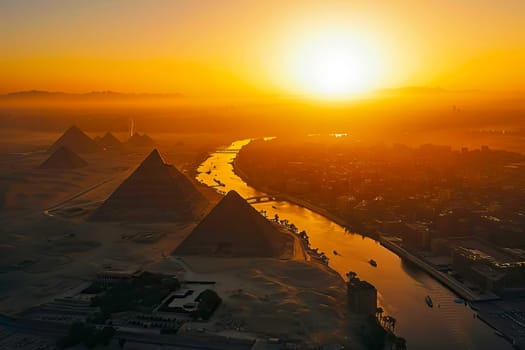 Aerial view of the Egyptian pyramids with the sun setting in the background.