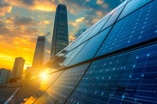 The sun sets behind a building with solar panels in a modern city.
