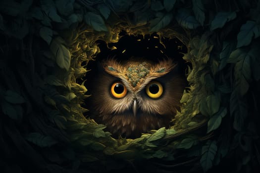 Hidden Owls hole. Beak predator wild. Generate Ai