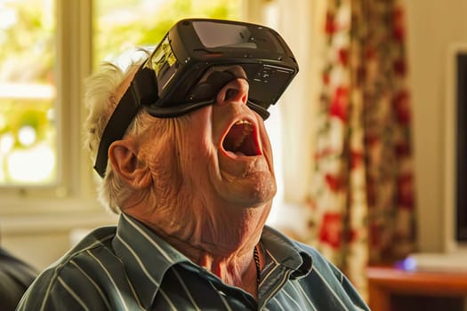 An elderly man is actively exploring virtual reality content while wearing a VR headset.