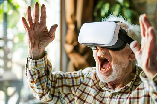 An older man engages with virtual reality technology, wearing a headset and shouting.