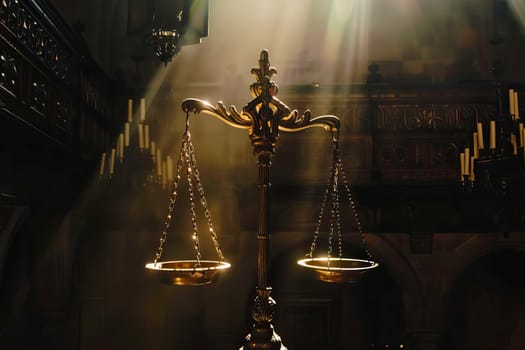 A golden scale balance of justice stands in a dark room, symbolizing fairness and equality in the legal system.
