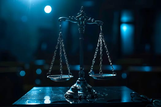 Scales of justice sitting on a table in a dark court hall.