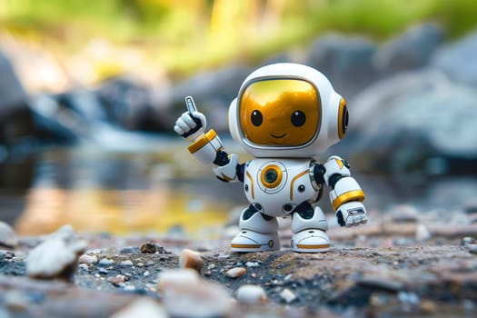 A small toy robot stands on a rocky surface, pointing at a space