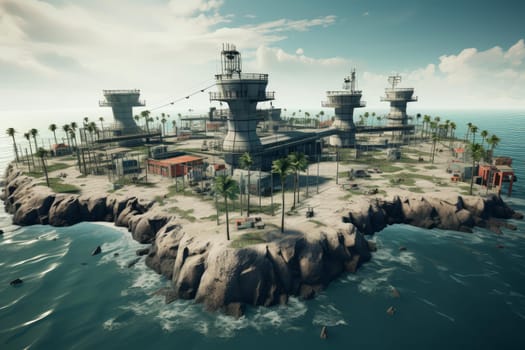 Imposing Prison island buildings. Nature travel sea. Generate Ai