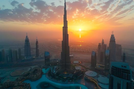 The sun sets over the city of Burj Khalifa, casting a warm glow on the iconic skyscraper.