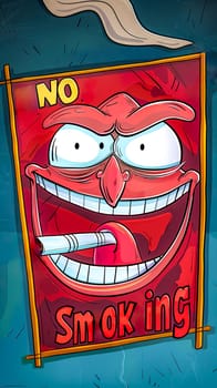 Vibrant cartoon poster with a humorous character forbidding smoking