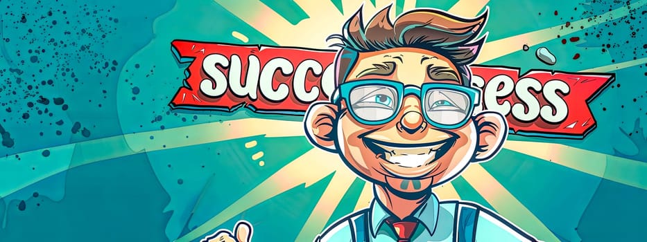 Vibrant illustration of a happy male cartoon character with a success banner