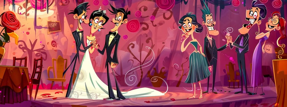 Colorful and imaginative cartoon wedding celebration with quirky animated characters and vibrant festive scene filled with joyful love and happiness
