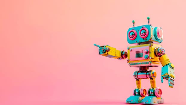 Colorful toy robot with a happy expression pointing at something on a bright pink backdrop.