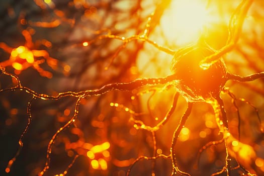 Neurons transmit signals with a sunset glow in the background.