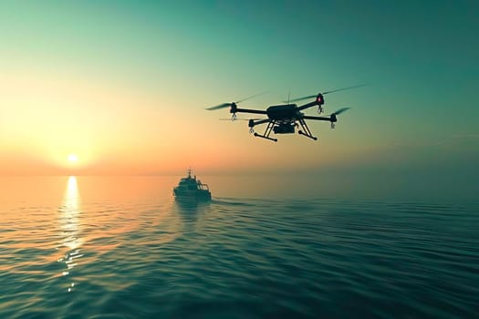 A helicopter flies above a boat sailing in the vast ocean.