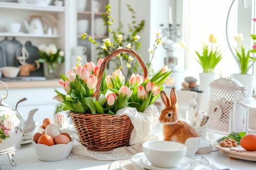A white table adorned with a basket overflowing with vibrant flowers, creating a cheerful Easter kitchen decoration.
