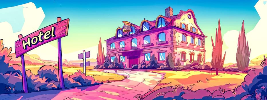 Colorful illustration of a whimsical hotel building at sunset with a welcoming sign