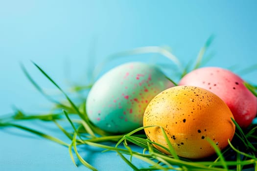A group of three Easter eggs placed neatly on top of lush green grass.