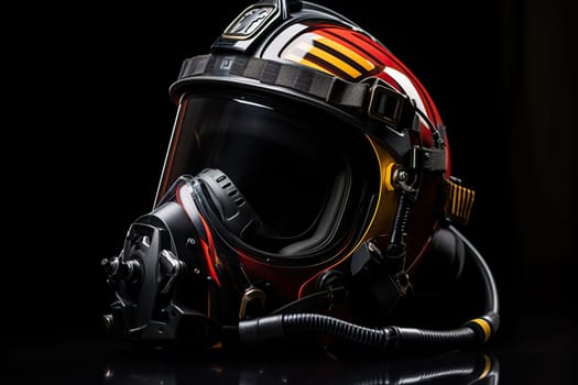 Fireman or rescuer protective helmet and gas mask on a black background.