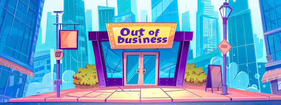 Colorful illustration of an abandoned cartoon-style store with an 'out of business' sign
