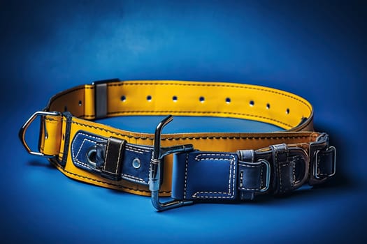 Construction safety belt in yellow color on a blue background.