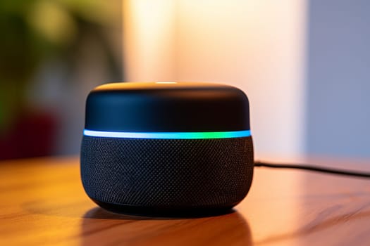 Smart speaker on desk with glowing blue light