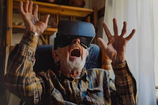 An elderly man sitting in a chair with his hands raised in the air, appearing to be expressing enthusiasm or excitement.