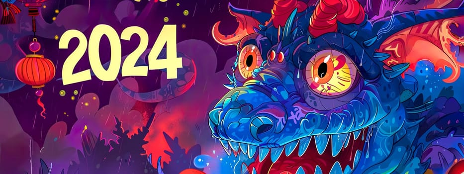 Festive illustration of a colorful dragon celebrating chinese new year 2024 with lanterns