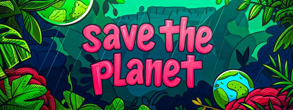Artistic banner with save the planet message, featuring lush greenery and earth illustration
