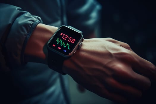 A close-up of a smartwatch on a wrist displaying time and heart rate.
