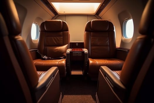 Luxurious cabin interior of a private jet with comfortable leather seats.