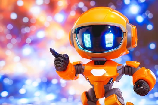 A toy robot with glowing blue eyes and a yellow helmet, pointing in a playful manner.