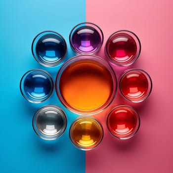 Overhead view of colorful liquid in clear glasses on dual-tone background.