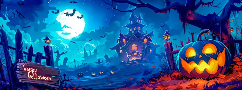 Spooky and enchanted halloween night panorama with haunted house. Jack o' lanterns. Full moon. And eerie illustration of vibrant landscape. Cartoon fantasy. Pumpkin horror. Bats. Witch. Ghost