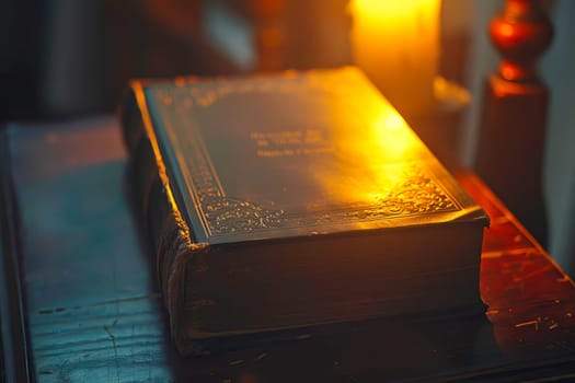 A book is placed on top of a table next to a burning candle.