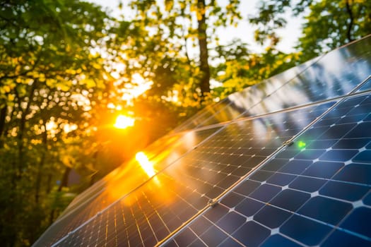 Sunlight shining through a solar panel surrounded by green trees.