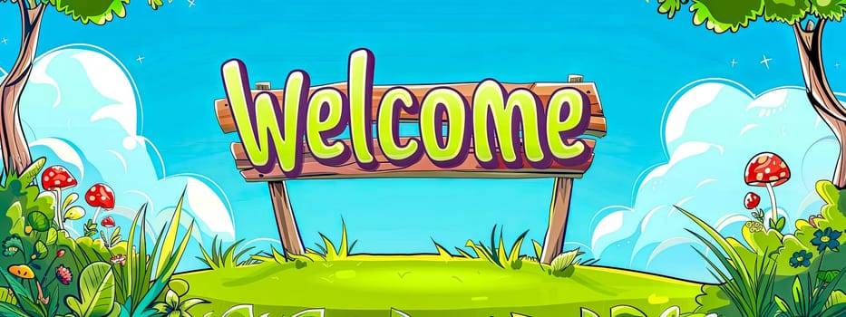 Colorful cartoon illustration of a welcome sign board in a cheerful meadow setting