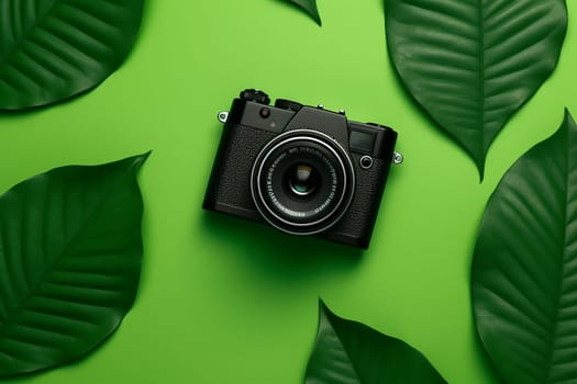 A vintage camera surrounded by green leaves on a uniform background